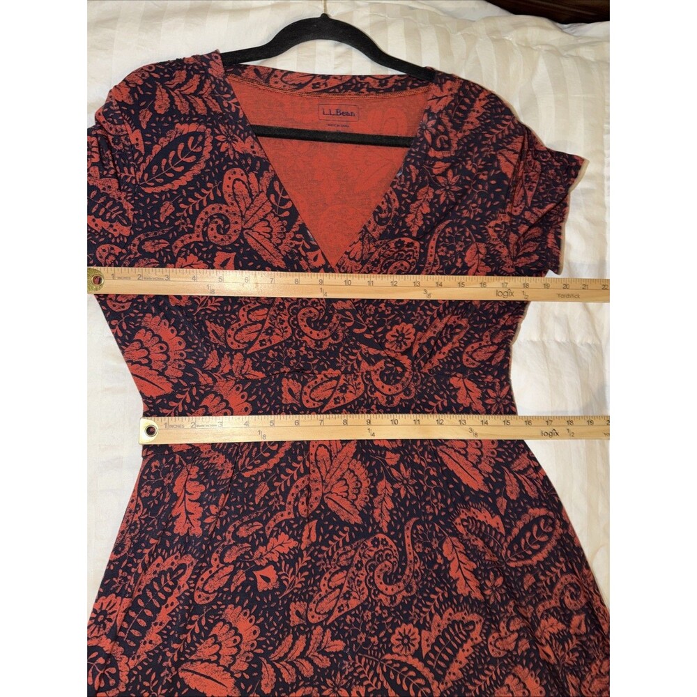 LL Bean Jersey Knit Faux Wrap Midi Dress Floral Leaf Red Med Short Sleeve Soft - Picture 8 of 15
